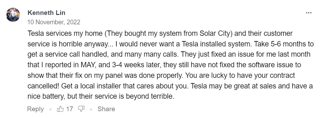 comment regarding tesla customer service for solar panels