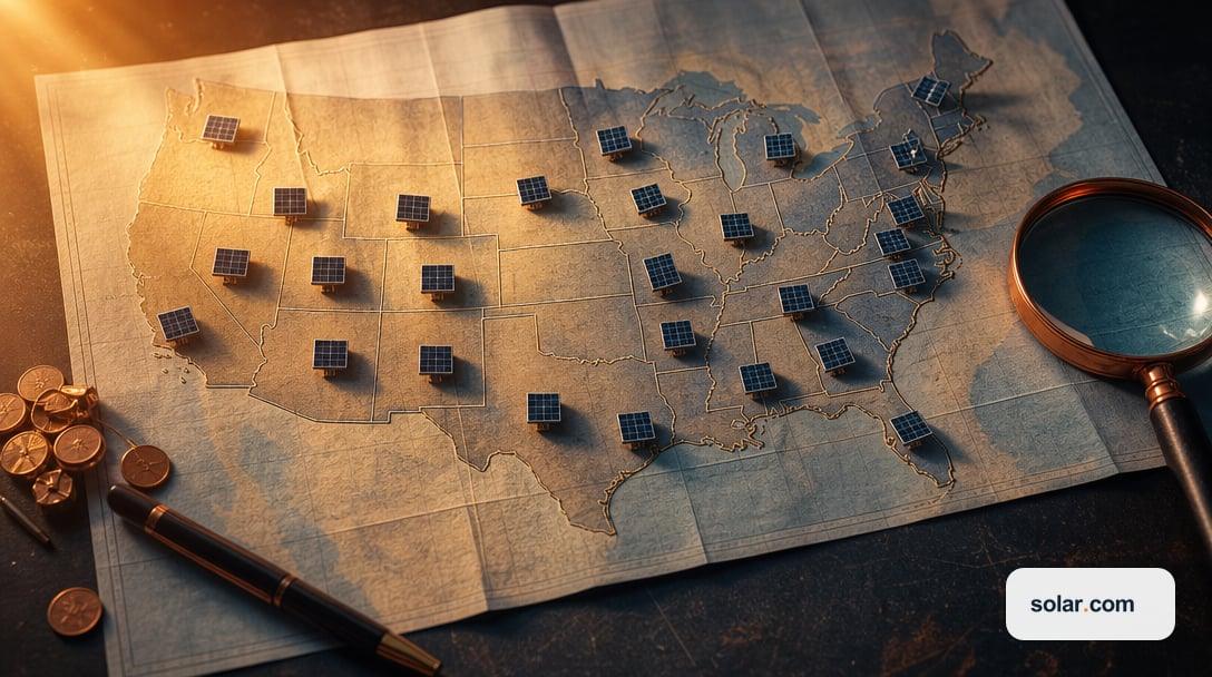 A map of the United States with tiny PV solar systems on the states