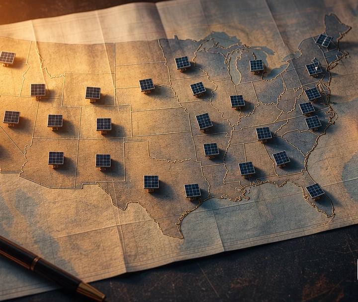 A map of the United States with tiny PV solar systems on the states