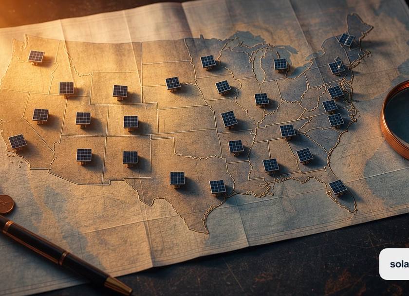 A map of the United States with tiny PV solar systems on the states