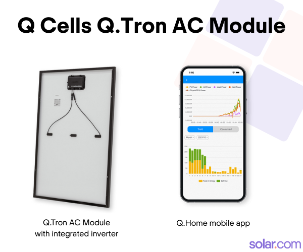 Image showing the Q.Tron AC Module with integrated inverted and the Q.Home mobile app