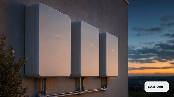 A row of three identical unbranded matte-white home battery units mounted side by side on a clean exterior stucco wall, faint status indica…
