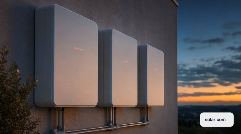 A row of three identical unbranded matte-white home battery units mounted side by side on a clean exterior stucco wall, faint status indica…