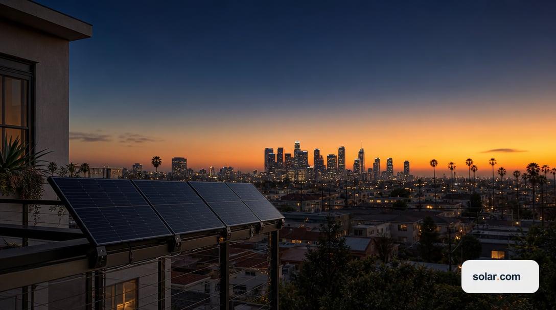 A compact set of unbranded plug-in solar panels mounted on an urban apartment balcony railing, seen against a wide California city skyline at dusk.