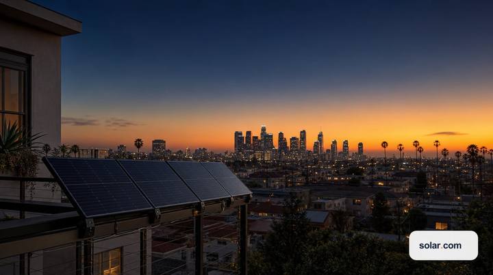 A compact set of unbranded plug-in solar panels mounted on an urban apartment balcony railing, seen against a wide California city skyline at dusk.