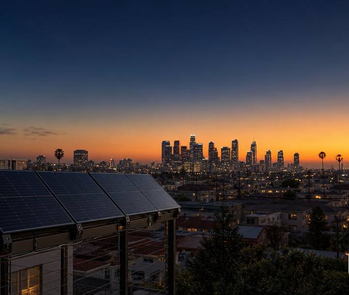 A compact set of unbranded plug-in solar panels mounted on an urban apartment balcony railing, seen against a wide California city skyline at dusk.
