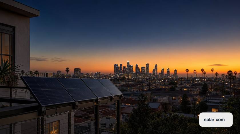 A compact set of unbranded plug-in solar panels mounted on an urban apartment balcony railing, seen against a wide California city skyline at dusk.