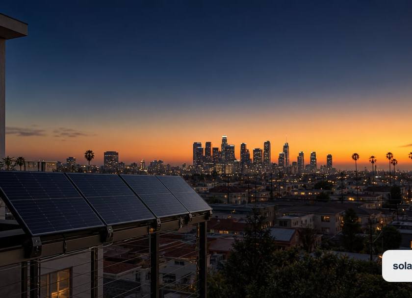 A compact set of unbranded plug-in solar panels mounted on an urban apartment balcony railing, seen against a wide California city skyline at dusk.