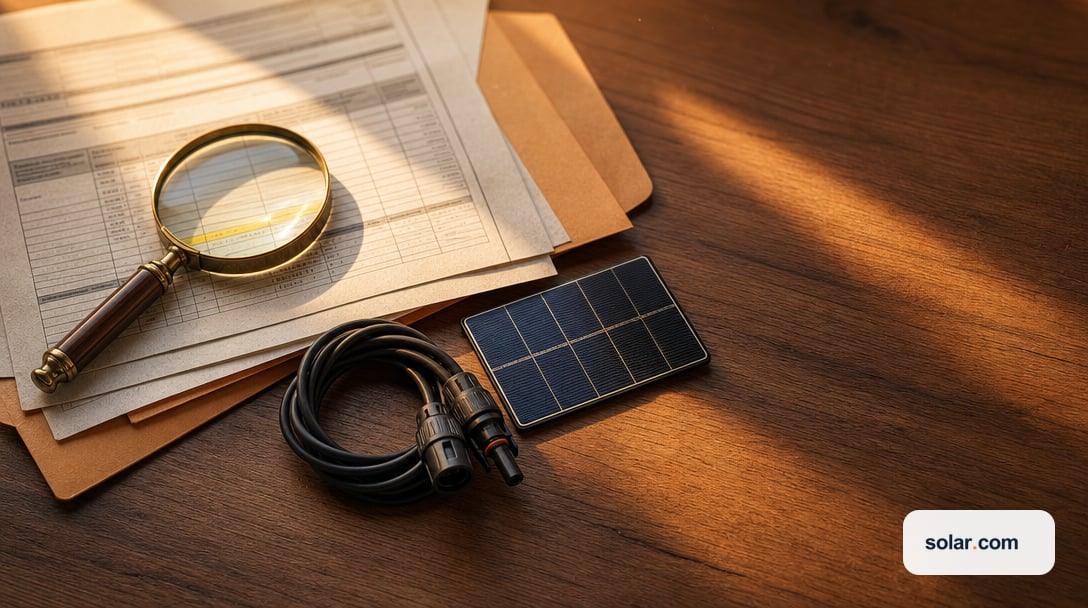 A magnifying glass rests on property tax paperwork beside solar panel connectors and a small solar cell on a sunlit wood desk.