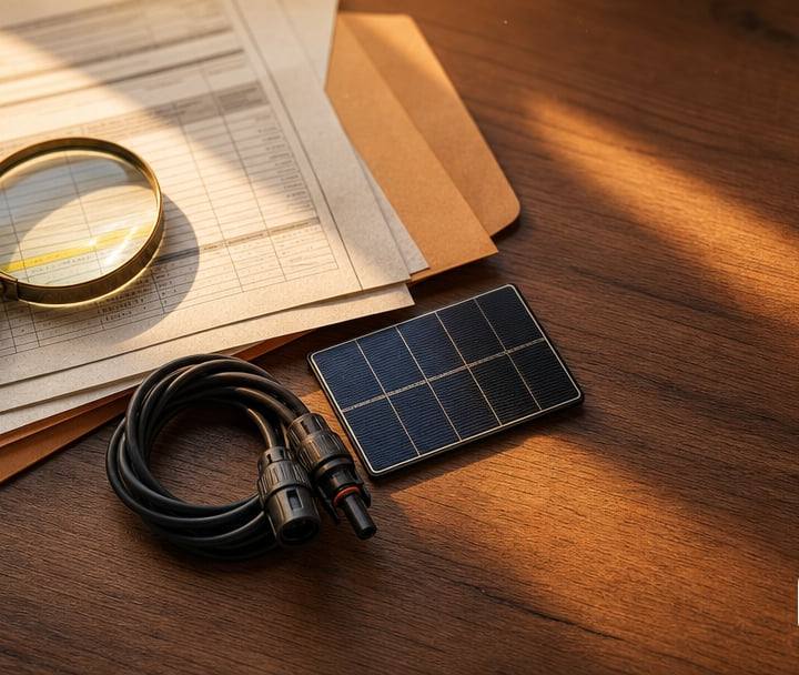 A magnifying glass rests on property tax paperwork beside solar panel connectors and a small solar cell on a sunlit wood desk.