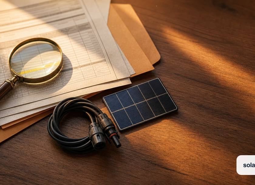 A magnifying glass rests on property tax paperwork beside solar panel connectors and a small solar cell on a sunlit wood desk.