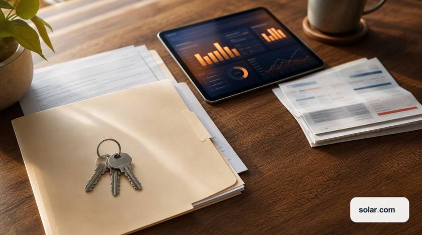 A kitchen table set with a manila folder of home-purchase paperwork, a set of house keys on a plain ring.