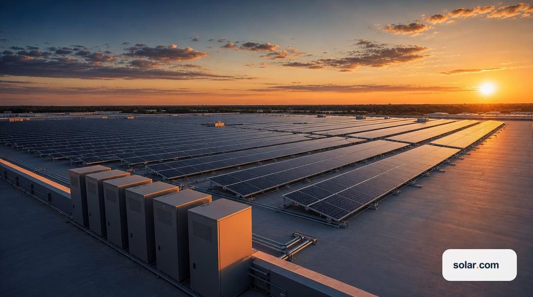 rooftop solar panels and battery storage on an industrial warehouse