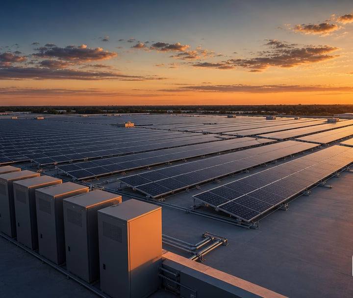 rooftop solar panels and battery storage on an industrial warehouse