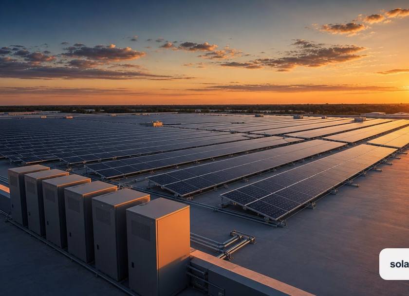 rooftop solar panels and battery storage on an industrial warehouse