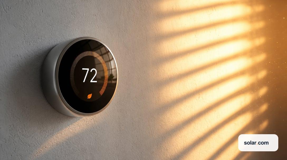 A generic wall-mounted round thermostat on a pale plaster interior wall, digital display with 72 degrees on the interface.