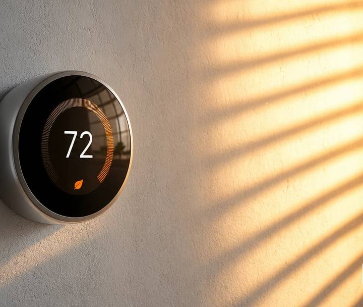A generic wall-mounted round thermostat on a pale plaster interior wall, digital display with 72 degrees on the interface.