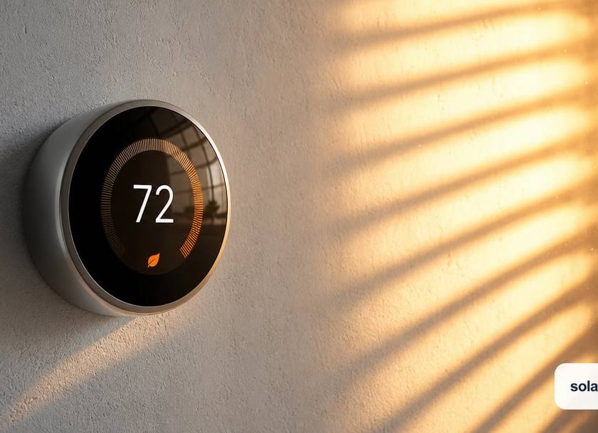 A generic wall-mounted round thermostat on a pale plaster interior wall, digital display with 72 degrees on the interface.