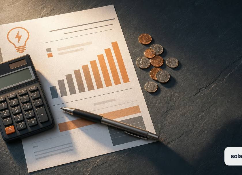 A calculator and coins on an electricity bill showing a rising rate chart, illustrating Eversource rate hikes and solar payback math