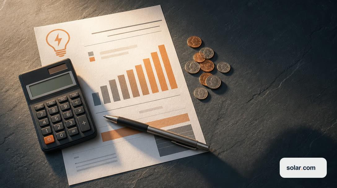 A calculator and coins on an electricity bill showing a rising rate chart, illustrating Eversource rate hikes and solar payback math
