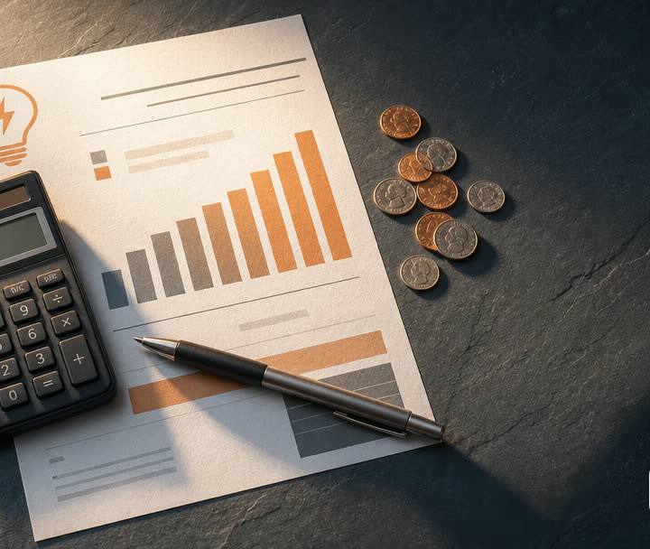 A calculator and coins on an electricity bill showing a rising rate chart, illustrating Eversource rate hikes and solar payback math