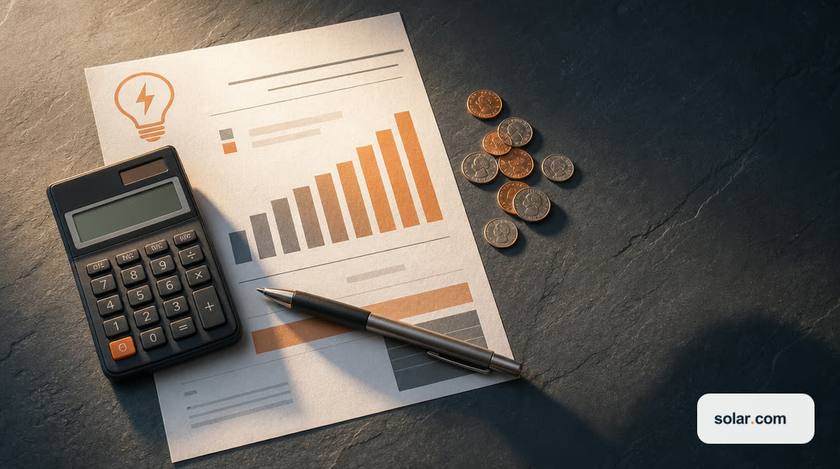 A calculator and coins on an electricity bill showing a rising rate chart, illustrating Eversource rate hikes and solar payback math