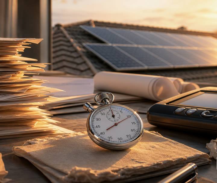 A stopwatch resting on stacks of permitting paperwork with rooftop solar panels glowing in warm sunset light behind