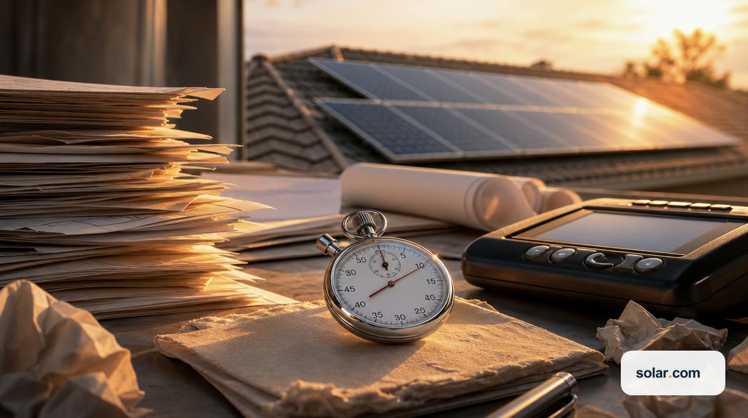 A stopwatch resting on stacks of permitting paperwork with rooftop solar panels glowing in warm sunset light behind