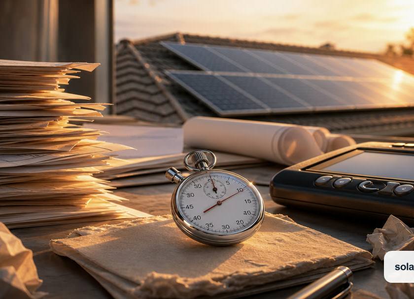 A stopwatch resting on stacks of permitting paperwork with rooftop solar panels glowing in warm sunset light behind
