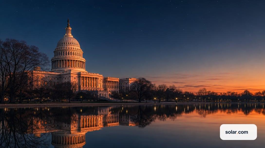 U.S. Capitol Building behind the reflecting pool at dusk.