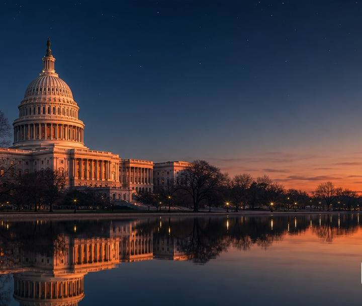 U.S. Capitol Building behind the reflecting pool at dusk.