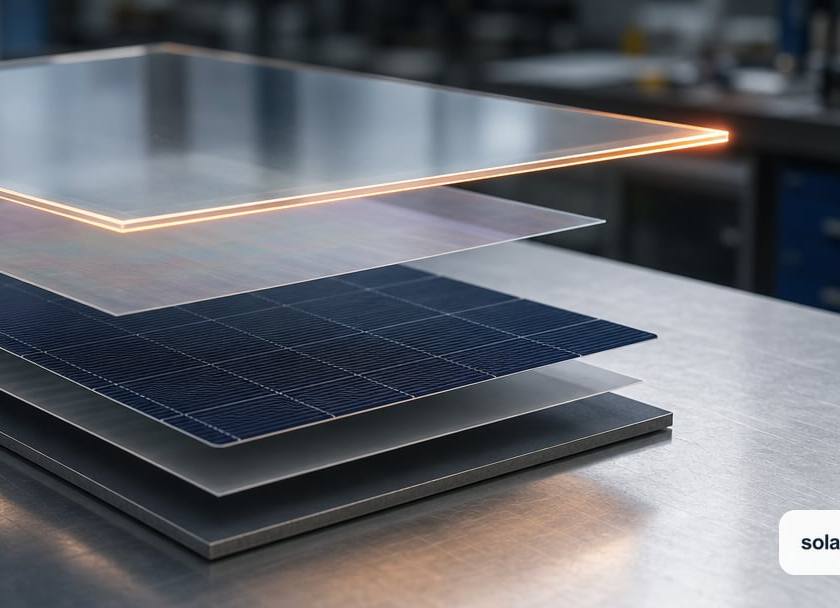 An exploded stacked arrangement of thin flat solar module layers on a workshop bench, a top sheet of coated glass, a faint colored active f…