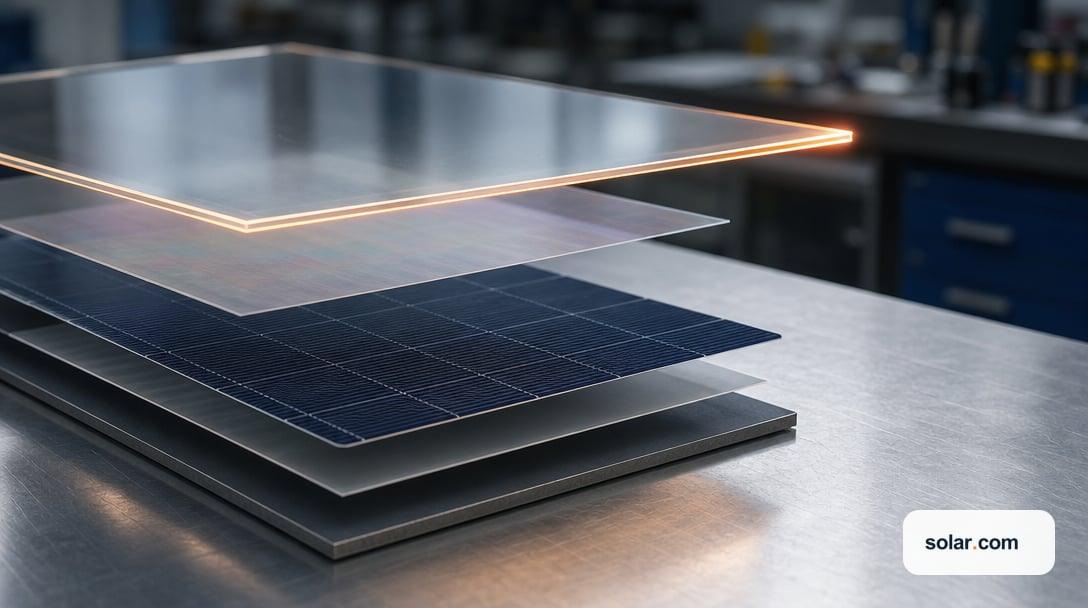 An exploded stacked arrangement of thin flat solar module layers on a workshop bench, a top sheet of coated glass, a faint colored active f…