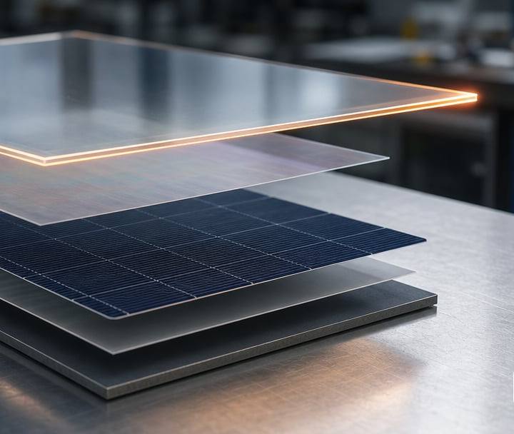 An exploded stacked arrangement of thin flat solar module layers on a workshop bench with a top sheet of coated glass.