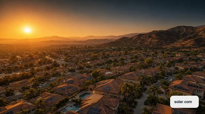 An aerial wide establishing view over a master-planned inland Southern California neighborhood of tile-roofed homes, several roofs carrying…
