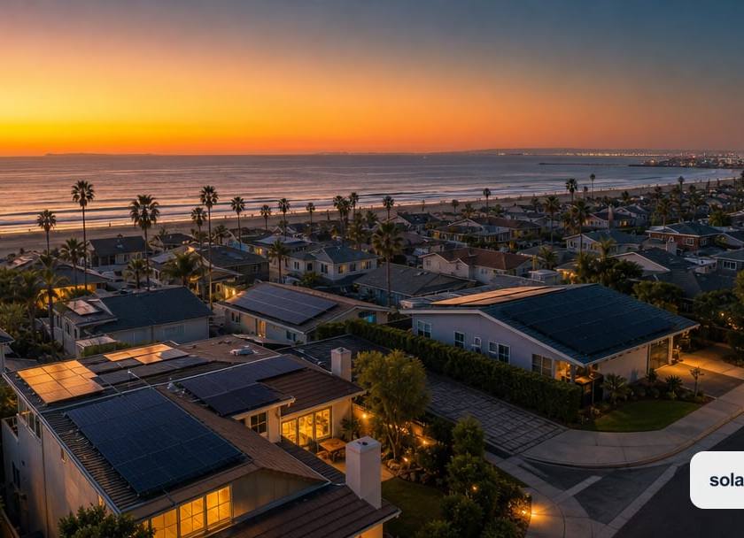 A wide aerial view of a Long Beach coastal residential neighborhood at dusk, rooftops with unbranded matte-black solar panels, palm trees,…
