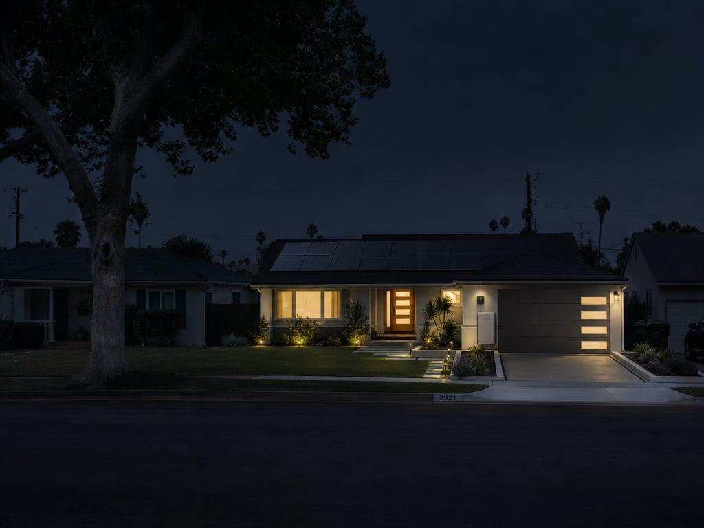 A typical home in Long Beach, California. All the neighbors lights or off, but the home in focus still has power because it has solar panels & battery storage.