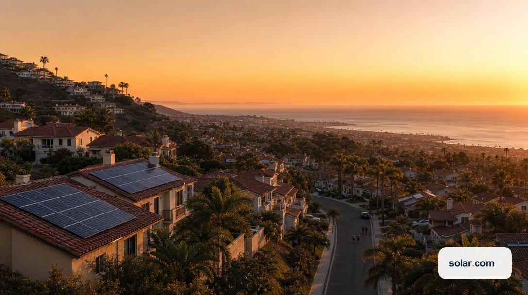 A wide establishing view of a hillside San Diego coastal neighborhood of stucco homes at dusk, ocean haze in the distance, a few homes with…