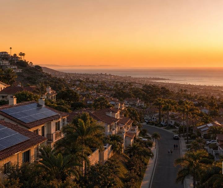 A wide view of a coastal San Diego hillside neighborhood of Mediterranean-style homes at sunset, several with rooftop solar panels, overlooking the ocean.