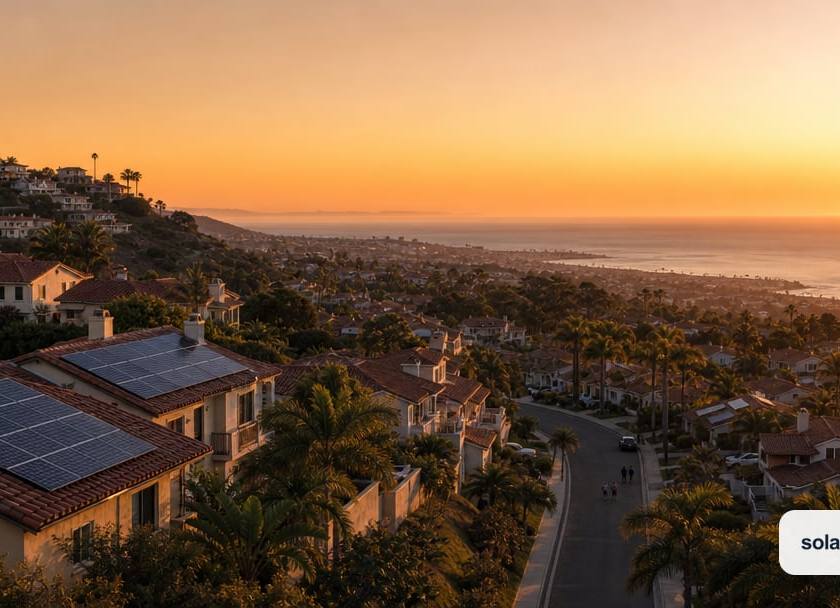 A wide establishing view of a hillside San Diego coastal neighborhood of stucco homes at dusk, ocean haze in the distance, a few homes with…