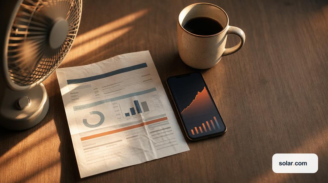 Electricity bill with usage charts on a table next to a smartphone showing a rising energy graph, a cup of coffee, and an electric fan
