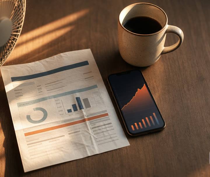 Electricity bill with usage charts on a table next to a smartphone showing a rising energy graph, a cup of coffee, and an electric fan