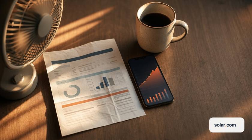 Electricity bill with usage charts on a table next to a smartphone showing a rising energy graph, a cup of coffee, and an electric fan