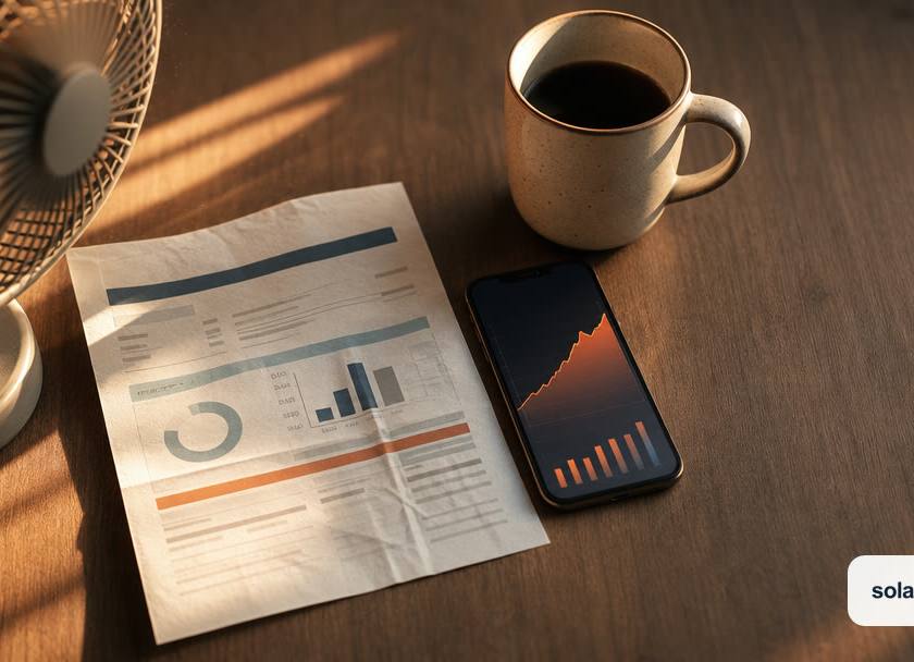 Electricity bill with usage charts on a table next to a smartphone showing a rising energy graph, a cup of coffee, and an electric fan