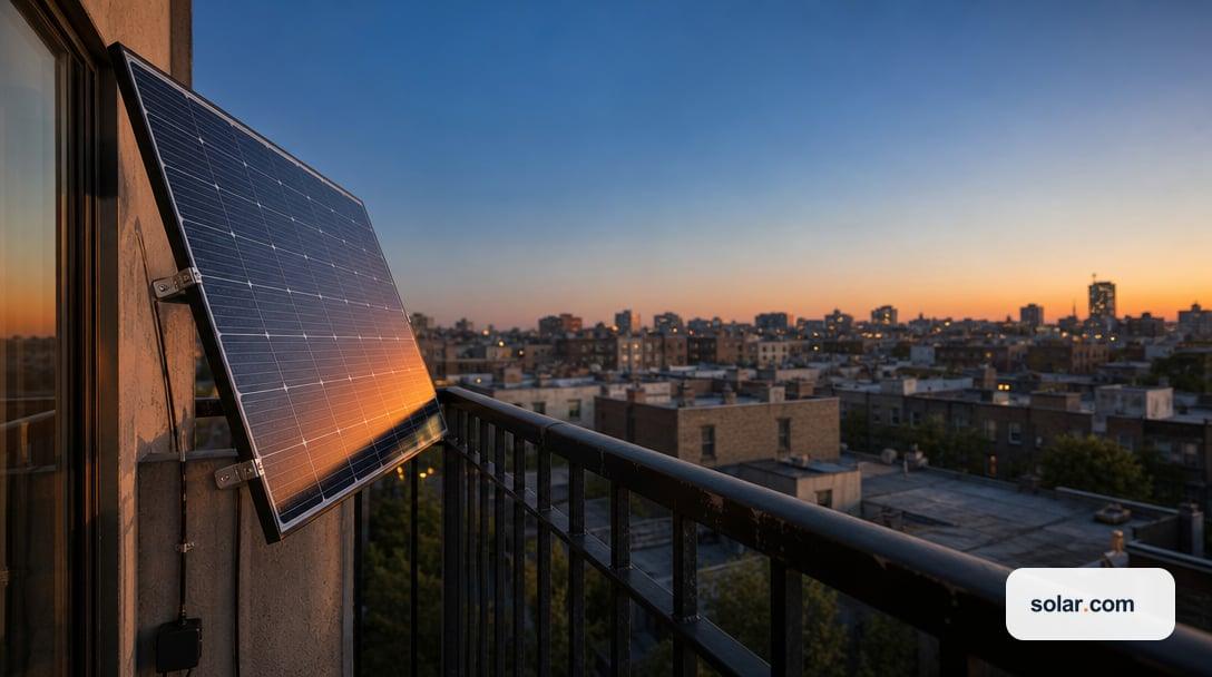 A single slim lightweight solar panel clamped with no-drill brackets to the black metal railing of a modest apartment balcony.