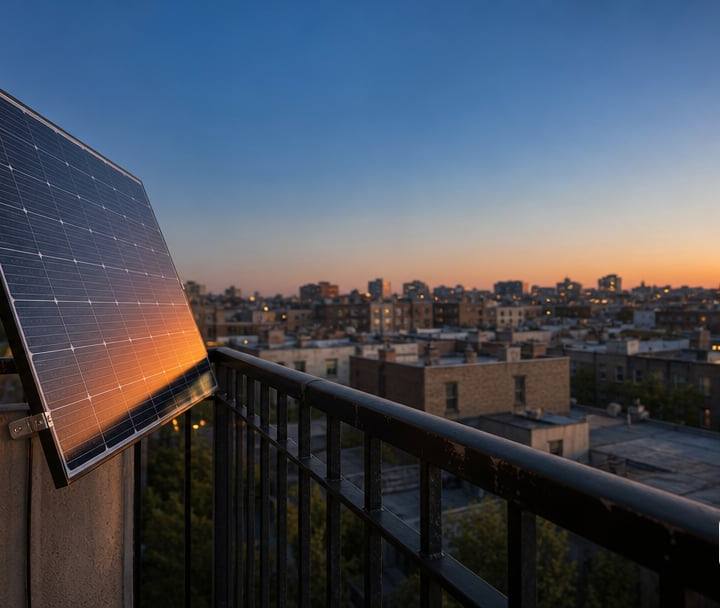 A single slim lightweight solar panel clamped with no-drill brackets to the black metal railing of a modest apartment balcony.