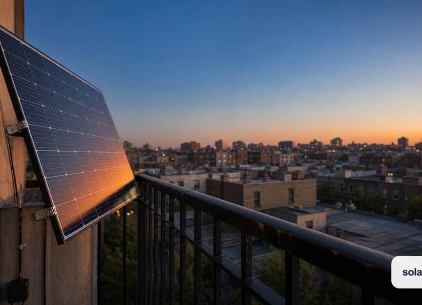 A single slim lightweight solar panel clamped with no-drill brackets to the black metal railing of a modest apartment balcony.