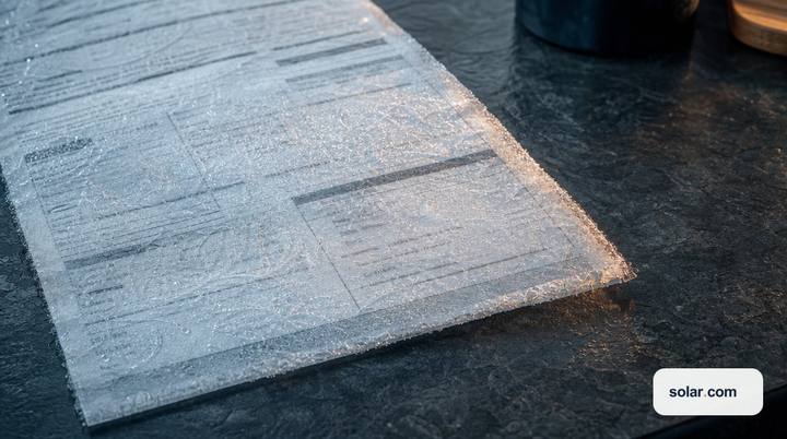 A residential electric utility bill lying on a dark slate kitchen counter, its paper surface encased in a thin sheet of translucent frost.