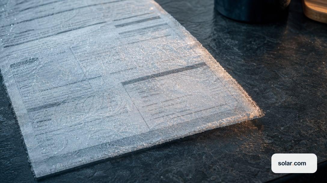 A residential electric utility bill lying on a dark slate kitchen counter, its paper surface encased in a thin sheet of translucent frost.