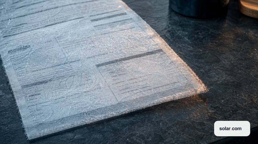 A residential electric utility bill lying on a dark slate kitchen counter, its paper surface encased in a thin sheet of translucent frost.